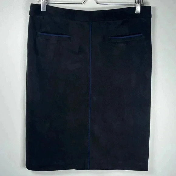 J. McLaughlin “Sonya” Black Skirt Navy Trim Faux Suede Mid Length Women’s Size 8 - Picture 11 of 11